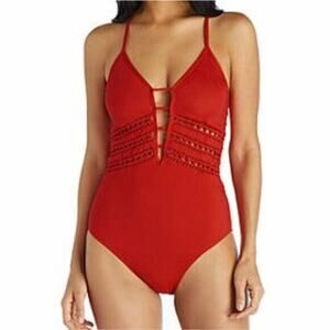 $89 Ambrielle Red Vneck X Back Braided Front Tie Back Swimsuit Small NWT
